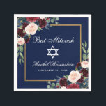 Bat mitzvah Burgundy Blue Blommigt Guld Pappersservett<br><div class="desc">Bat mitzvah vattenfärg Burgundy Marsala Blue Blommigt Guld Ram Pappersservett</div>