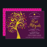 Bat mitzvah Burgundy Gold Foil Modern Livets träd Inbjudningar<br><div class="desc">Var stolt, gladd och visa den här milstolpen av din favoritBat mitzvah! Den här grafikton faux guld foil träd med glatt rosa, orange och röd stjärna av David och punkt "löv" på rikens lila burgundy bakgrund är perfektens inbjudan till detta särskilda tillfälle. En liten, mörk röd stjärna av David mönster...</div>