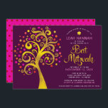 Bat mitzvah Burgundy Gold Foil Modern Livets träd Inbjudningar<br><div class="desc">Var stolt, gladd och visa den här milstolpen av din favoritBat mitzvah! Den här grafikton faux guld foil träd med glatt rosa, orange och röd stjärna av David och punkt "löv" på rikens lila burgundy bakgrund är perfektens inbjudan till detta särskilda tillfälle. En liten, mörk röd stjärna av David mönster...</div>