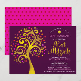 Bat mitzvah Burgundy Gold Foil Modern Livets träd Inbjudningar