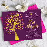 Bat mitzvah Burgundy Gold Foil Script Livets träd Inbjudningar<br><div class="desc">Var stolt, gladd och visa den här milstolpen av din favoritBat mitzvah! Den här grafikton faux guld foil träd med glatt rosa, orange och röd stjärna av David och punkt "löv" på rikens lila burgundy bakgrund är perfektens inbjudan till detta särskilda tillfälle. En liten, mörk röd stjärna av David mönster...</div>