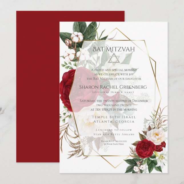 BAT MITZVAH | Burgundy Peony Verse 2 Inbjudningar (Fram/baksida)