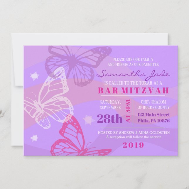 Bat mitzvah BUTTERFLIES & STARS-inbjudan Inbjudningar (Framsida)