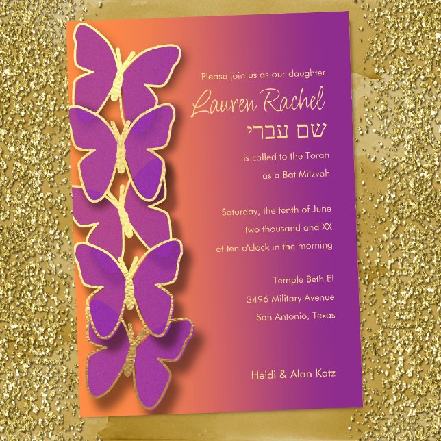 Bat mitzvah Butterfly Lila Orange Ombre Inbjudningar (Skapare uppladdad)