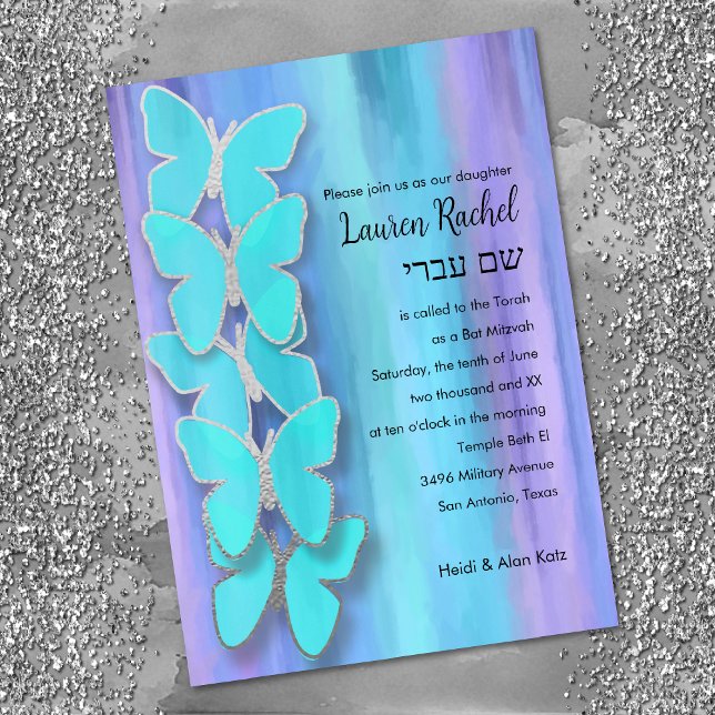 Bat mitzvah Butterfly Turcos Lila Watercolor Inbjudningar (Skapare uppladdad)