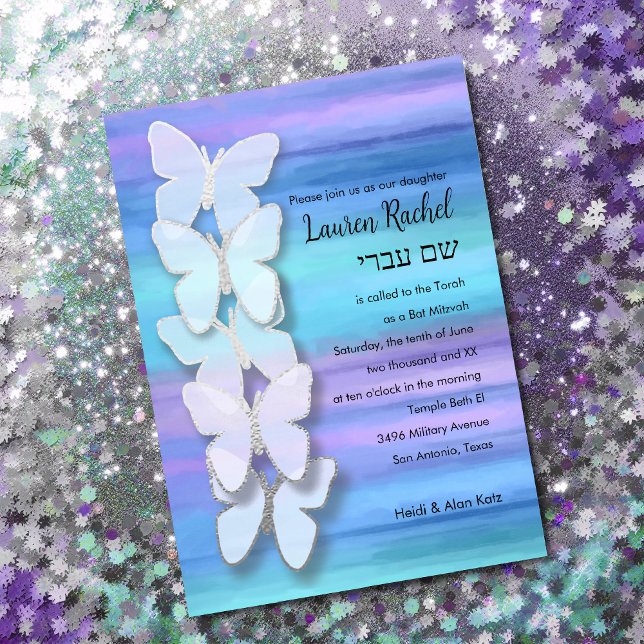 Bat mitzvah Butterfly Turcos Lila Watercolor Inbjudningar (Skapare uppladdad)