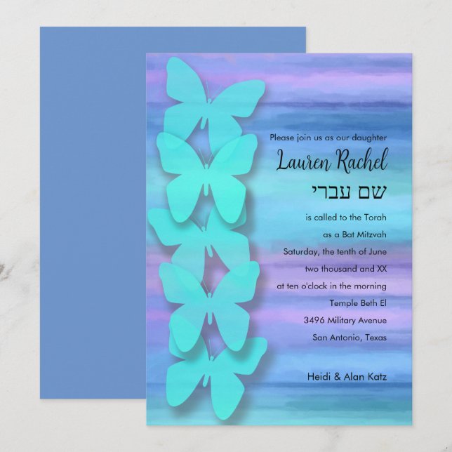 Bat mitzvah Butterfly Turcos Lila Watercolor Inbjudningar (Fram/baksida)