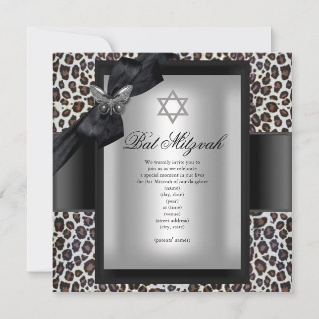 Bat mitzvah Cheetah Black Butterfly Inbjudningar (Framsida)