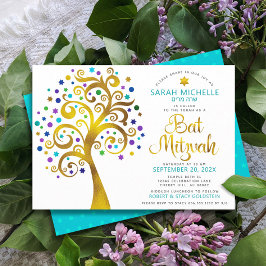 Bat mitzvah Chic Turkos Gold Foil Livets träd Inbjudningar