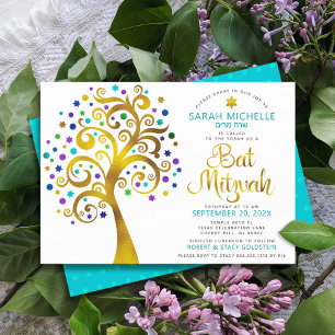 Bat mitzvah Chic Turkos Gold Foil Livets träd Inbjudningar
