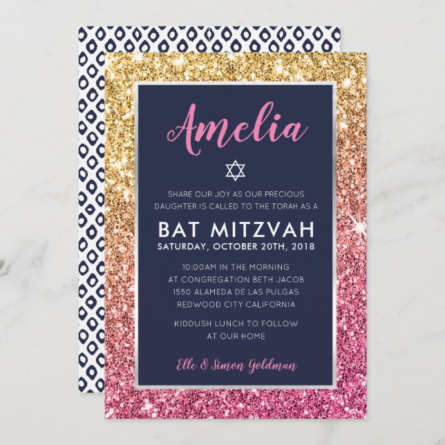 BAT MITZVAH cool marin rosa guld glitter inbjudan (Fram/baksida)