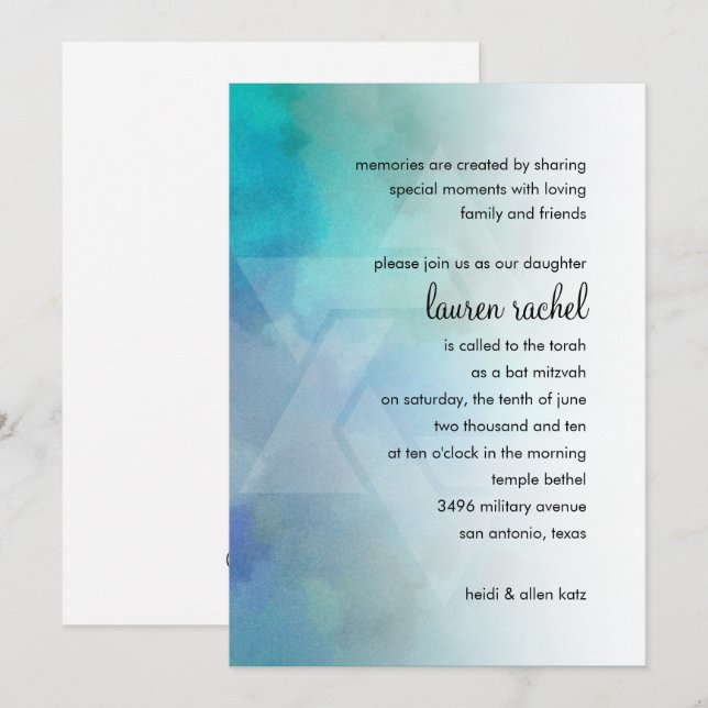Bat mitzvah Coola Färg Aqua Blue Lila White Inbjudningar (Fram/baksida)