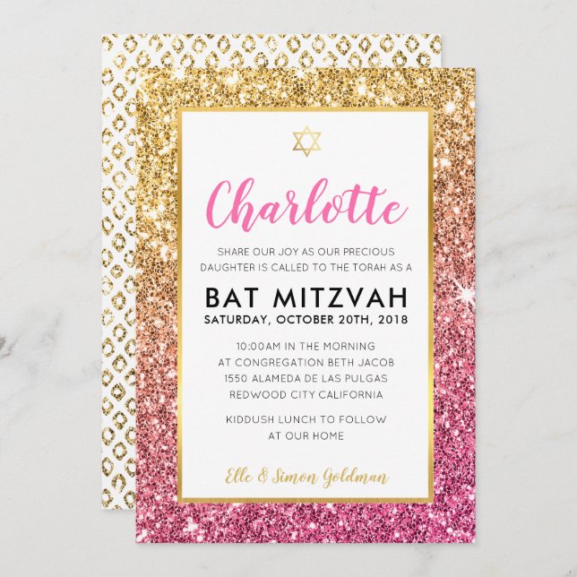 BAT MITZVAH coola luxe rosa guld glitter inbjudan (Fram/baksida)