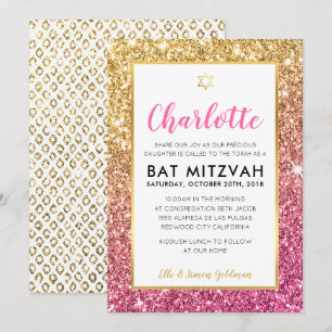 BAT MITZVAH coola luxe rosa guld glitter inbjudan