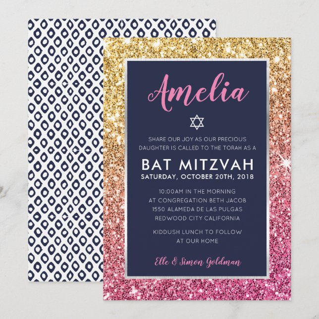 BAT MITZVAH coolans flotta rosa guld glitter inbju Inbjudningar (Fram/baksida)