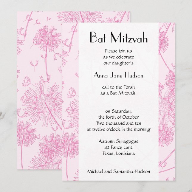 Bat mitzvah - Dandelion Plants, Florets - Rosa Inbjudningar (Fram/baksida)