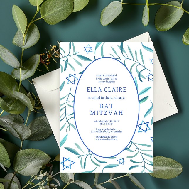 Bat mitzvah David Pub, botaniska stjärnan Inbjudningar (Watercolor Botanical Star of David Bar Bat Mitzvah Invitation
)