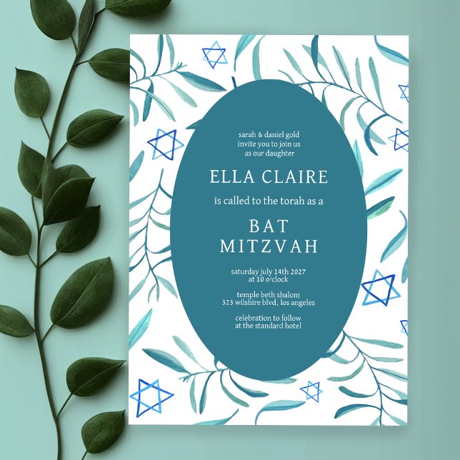 Bat mitzvah David Pub, botaniska stjärnan Inbjudningar (Watercolor Botanical Star of David Bar Bat Mitzvah Invitation
)