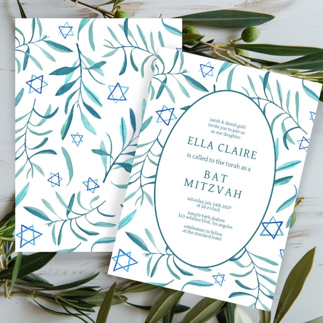 Bat mitzvah David Pub, botaniska stjärnan Inbjudningar (Watercolor Botanical Olive leaves Star of David Bar Bat Mitzvah CUSTOM Elegant Chic  Invitation
)