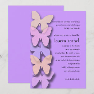 Bat mitzvah Dimensional Butterfly Gräns Lila Inbjudningar