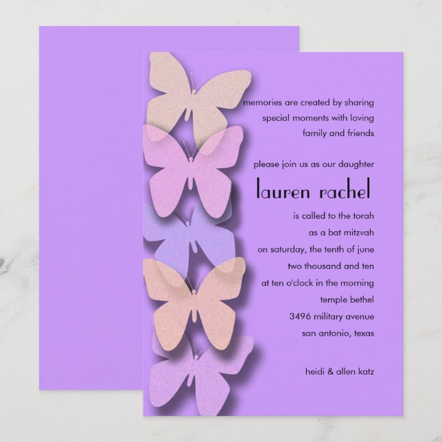Bat mitzvah Dimensional Butterfly Gräns Lila Inbjudningar (Fram/baksida)