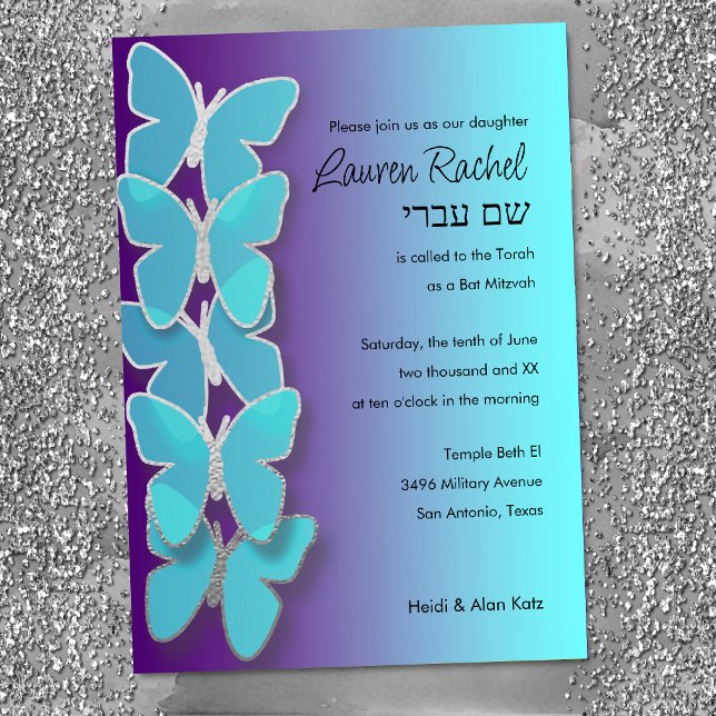 Bat mitzvah Dimensional Butterfly Turcos Lila Inbjudningar (Skapare uppladdad)