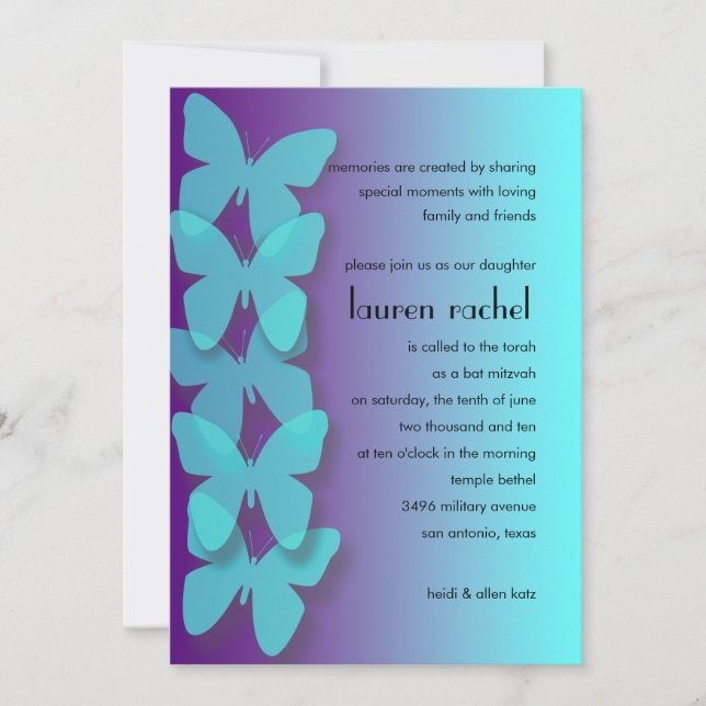 Bat mitzvah Dimensional Butterfly Turcos Lila Inbjudningar (Framsida)