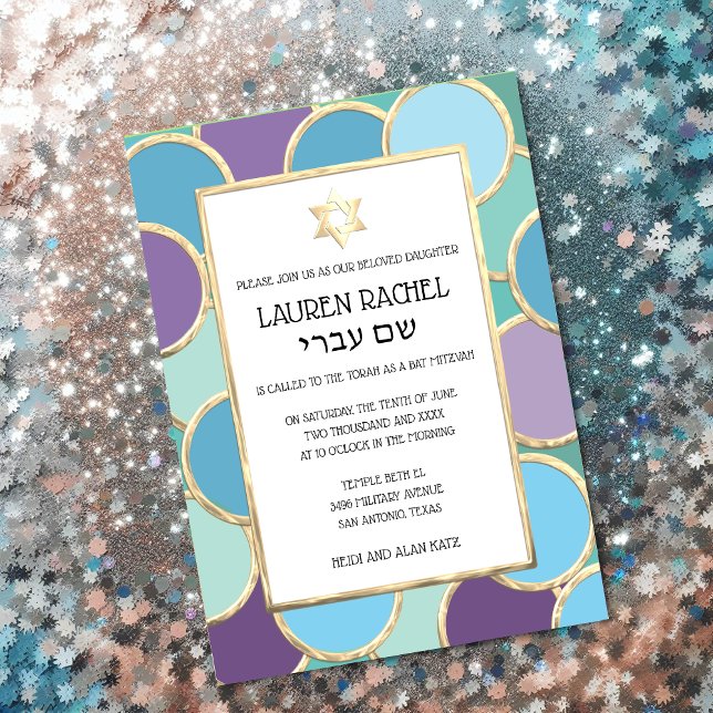 Bat mitzvah dina Färg-cirklar i Guld Inbjudningar (Skapare uppladdad)
