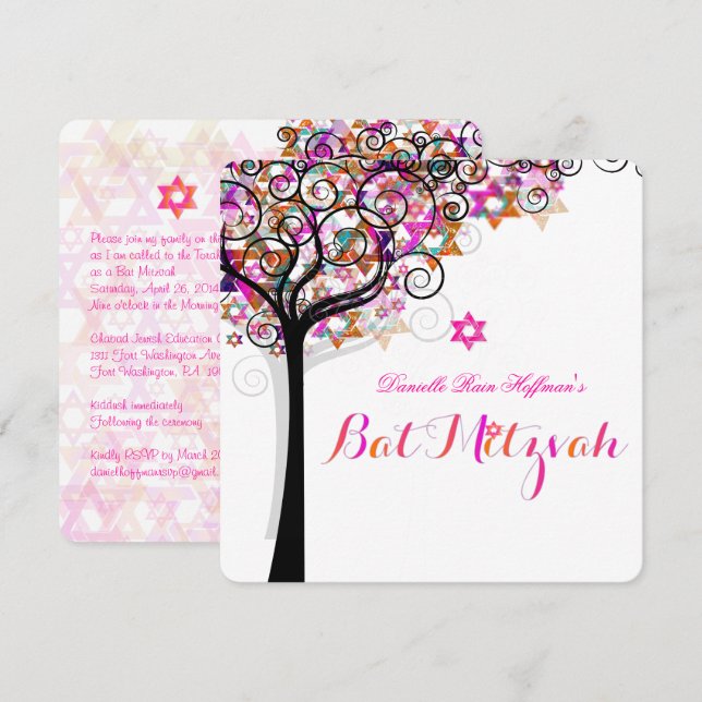 Bat mitzvah/DIY-bakgrund för PixDezines Livets trä Inbjudningar (Fram/baksida)