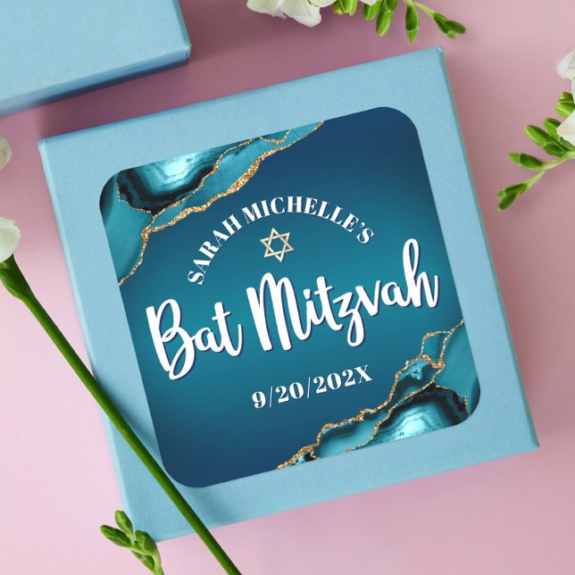 Bat Mitzvah Djärv Turkos Guld Agat Ombre Script Fyrkantigt Klistermärke (Skapare uppladdad)
