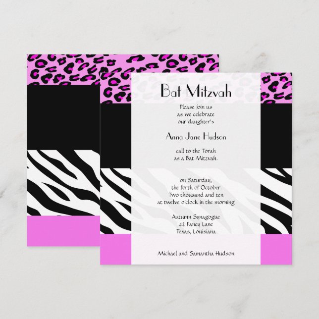 Bat mitzvah - djurtryck, Zebra, Leopard - Rosa Inbjudningar (Fram/baksida)