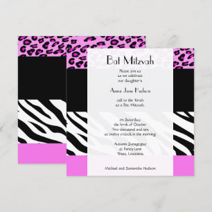 Bat mitzvah - djurtryck, Zebra, Leopard - Rosa Inbjudningar