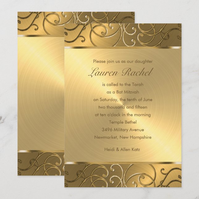 Bat mitzvah Elegant - alla Guld-filträd Inbjudningar (Fram/baksida)