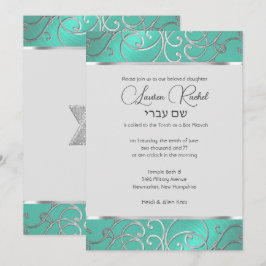 Bat mitzvah Elegant Aqua Grönt Silver Filigree Inbjudningar