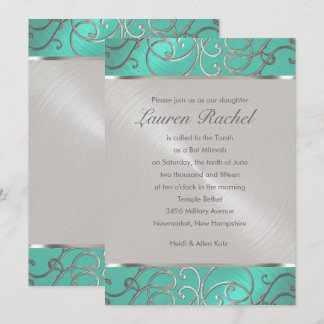 Bat mitzvah Elegant Aqua Grönt Silver Filigree Inbjudningar