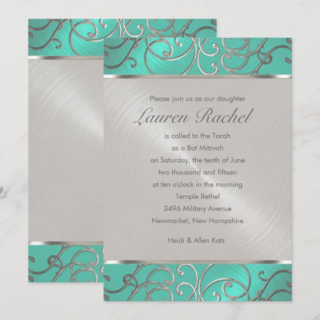 Bat mitzvah Elegant Aqua Grönt Silver Filigree Inbjudningar (Fram/baksida)