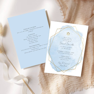 Bat mitzvah elegant, blå vattenfärg, Dubbla-sida Inbjudningar