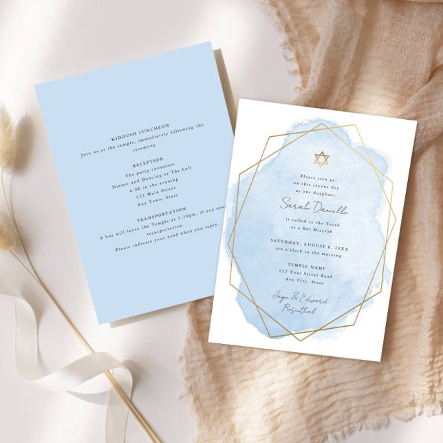 Bat mitzvah elegant, blå vattenfärg, Dubbla-sida Inbjudningar (Skapare uppladdad)