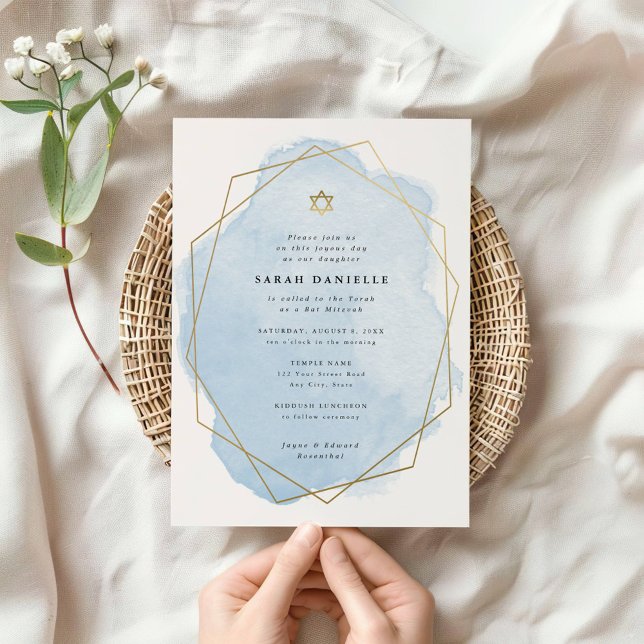 Bat mitzvah elegant, blå vattenfärg Guld Ram Inbjudningar (Skapare uppladdad)