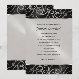 Bat mitzvah Elegant Black och Silver Filigree Inbjudningar