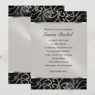 Bat mitzvah Elegant Black och Silver Filigree Inbjudningar