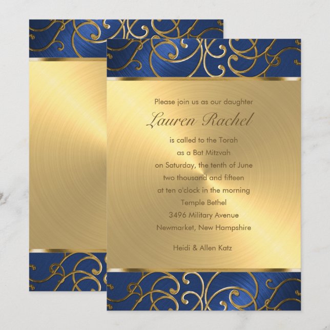 Bat mitzvah Elegant Blue och Guld Filigree Inbjudningar (Fram/baksida)