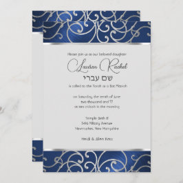 Bat mitzvah Elegant Blue och Silver Filigree Inbjudningar