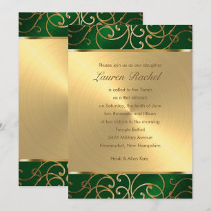 Bat mitzvah Elegant Emerald Grönt Guld Filigree Inbjudningar