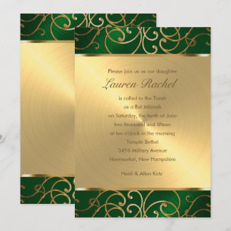 Bat mitzvah Elegant Emerald Grönt Guld Filigree Inbjudningar
