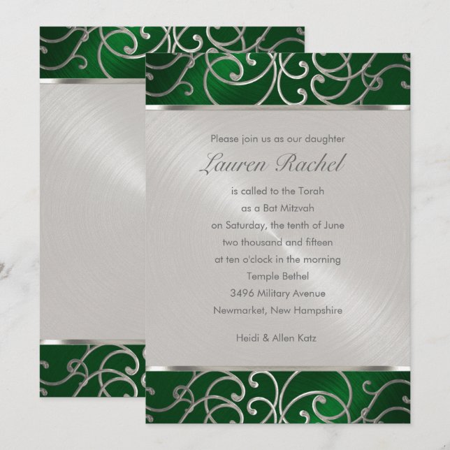 Bat mitzvah Elegant Emerald Grönt Silver Filigree Inbjudningar (Fram/baksida)