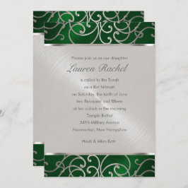 Bat mitzvah Elegant Emerald Grönt Silver Filigree Inbjudningar