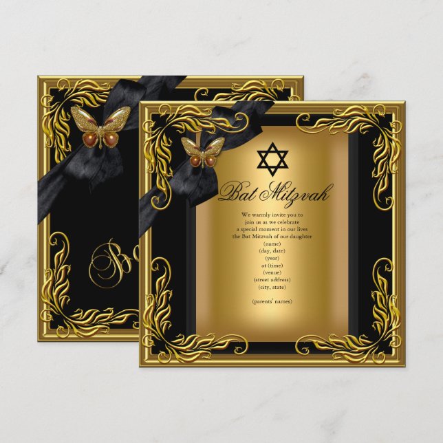 Bat mitzvah Elegant Guld Black Butterfly Inbjudningar (Fram/baksida)