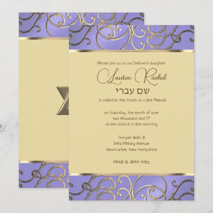 Bat mitzvah Elegant Lavender Lila Guld Filigree Inbjudningar