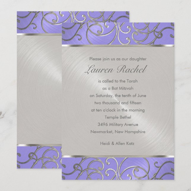 Bat mitzvah Elegant Lavender Lila Silver Filigre Inbjudningar (Fram/baksida)